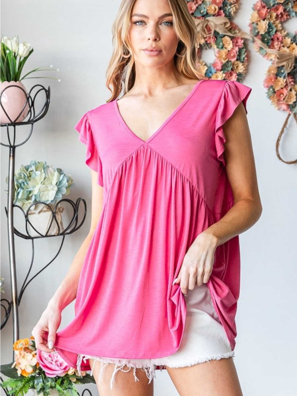 V-Neck Flutter Sleeve Tunic Top in Hot Pink NWOTS